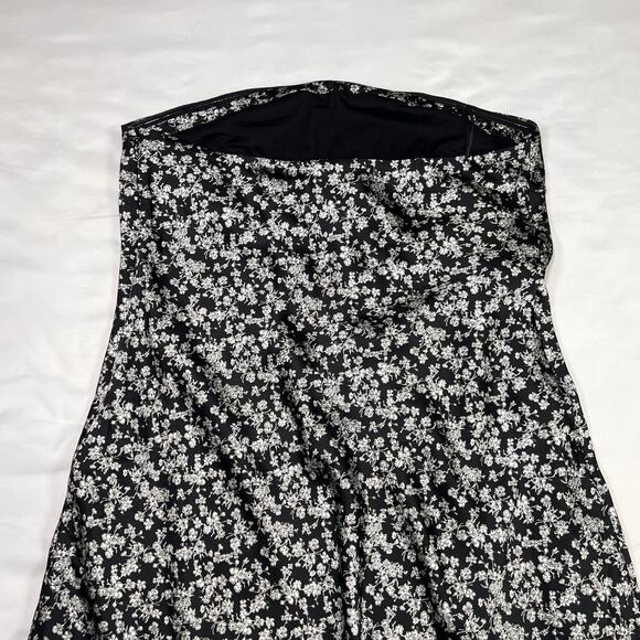 EXPRESS Dress Size L Black Sliver Floral Satin Strapless Midi Slip Lined Worn 1X - Picture 9 of 14